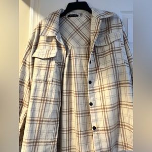 Oversized Off-White Button-Up Flannel White/ Brown/ Tan